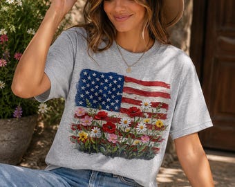Drapeau américain floral PNG - Sublimation patriotique de fleurs sauvages des États-Unis pour des chemises du 4 juillet