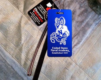 U.S. Naval Academy custom engraved luggage tags, featuring "Bill The Goat"