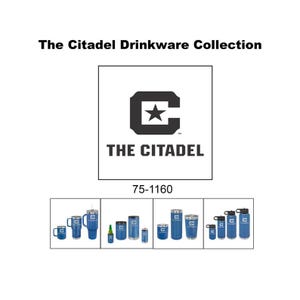 May include: The Citadel Drinkware Collection logo and various blue drinkware items. The logo features a black square with a star and the words "THE CITADEL". The drinkware includes mugs, tumblers, and water bottles.