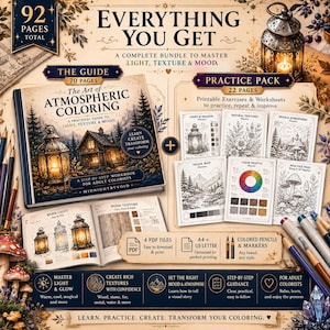 Puede incluir: Un paquete de coloreado digital de 92 p&aacute;ginas titulado The Art of Atmospheric Coloring, que incluye una gu&iacute;a instructiva de 70 p&aacute;ginas y un paquete de pr&aacute;ctica de 22 p&aacute;ginas con ejercicios para dominar la luz, la textura y el ambiente.