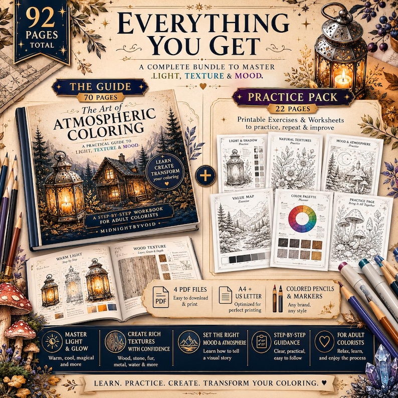 Puede incluir: Un paquete de coloreado digital de 92 p&aacute;ginas titulado The Art of Atmospheric Coloring, que incluye una gu&iacute;a instructiva de 70 p&aacute;ginas y un paquete de pr&aacute;ctica de 22 p&aacute;ginas con ejercicios para dominar la luz, la textura y el ambiente.