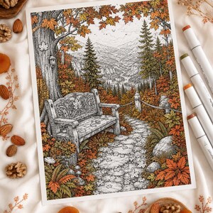 May include: A detailed ink and colored pencil illustration of an autumn forest scene featuring a wooden bench with a maple leaf carving, a stone path, and a mountain landscape. The artwork is surrounded by scattered almonds, walnuts, and dried apricots.