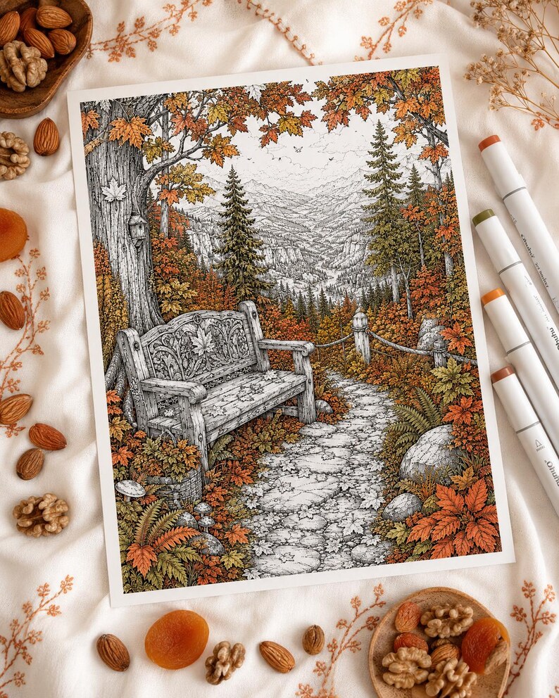 May include: A detailed ink and colored pencil illustration of an autumn forest scene featuring a wooden bench with a maple leaf carving, a stone path, and a mountain landscape. The artwork is surrounded by scattered almonds, walnuts, and dried apricots.