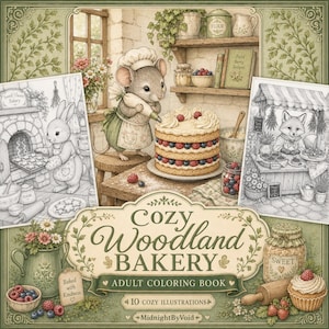 May include: A coloring book cover titled Cozy Woodland Bakery featuring a central illustration of a mouse in a chef hat decorating a layered berry cake, surrounded by smaller black and white sketches of a rabbit and a fox in a bakery setting.