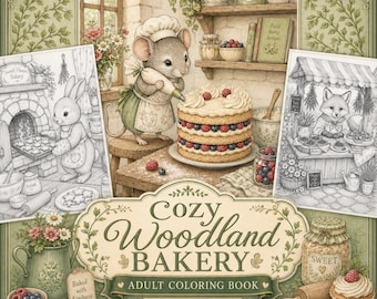 Puede incluir: Una portada de libro para colorear titulada Cozy Woodland Bakery con una ilustración central de un ratón con gorro de chef decorando un pastel de bayas, rodeado de bocetos en blanco y negro de un conejo y un zorro en una panadería.