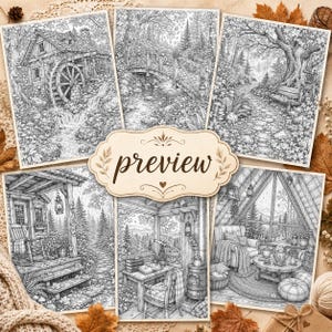 May include: A collection of six black and white line art illustrations featuring detailed nature scenes, including a water mill, a wooden bridge, a forest path, a cabin porch, a cosy study, and an interior room with a large window and furniture.