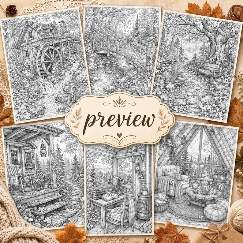 May include: A collection of six black and white line art illustrations featuring detailed nature scenes, including a water mill, a wooden bridge, a forest path, a cabin porch, a cosy study, and an interior room with a large window and furniture.