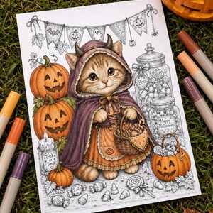 May include: A detailed illustration of a kitten wearing a purple hooded cape with small horns, holding a basket of candy. The scene includes jack-o'-lanterns, jars labeled Boo and Happy Halloween, a candle labeled Trick or Treat, and bunting.