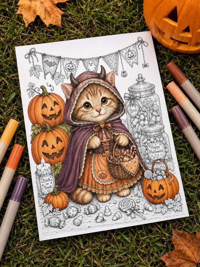 May include: A detailed illustration of a kitten wearing a purple hooded cape with small horns, holding a basket of candy. The scene includes jack-o'-lanterns, jars labeled Boo and Happy Halloween, a candle labeled Trick or Treat, and bunting.