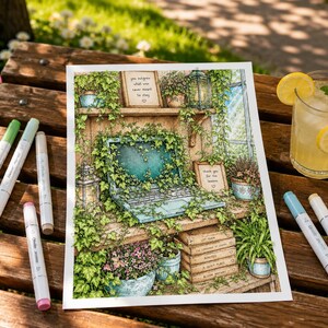 Peut inclure: Une impression d'art rectangulaire illustrant un ordinateur portable recouvert de lierre, entour&eacute; de plantes en pot, de livres et de lanternes. L'image contient le texte "you outgrow what was never meant to stay" et "thank you for the lessons."
