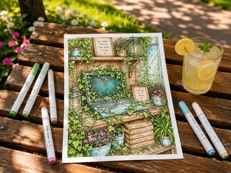 Peut inclure: Une impression d'art rectangulaire illustrant un ordinateur portable recouvert de lierre, entour&eacute; de plantes en pot, de livres et de lanternes. L'image contient le texte "you outgrow what was never meant to stay" et "thank you for the lessons."