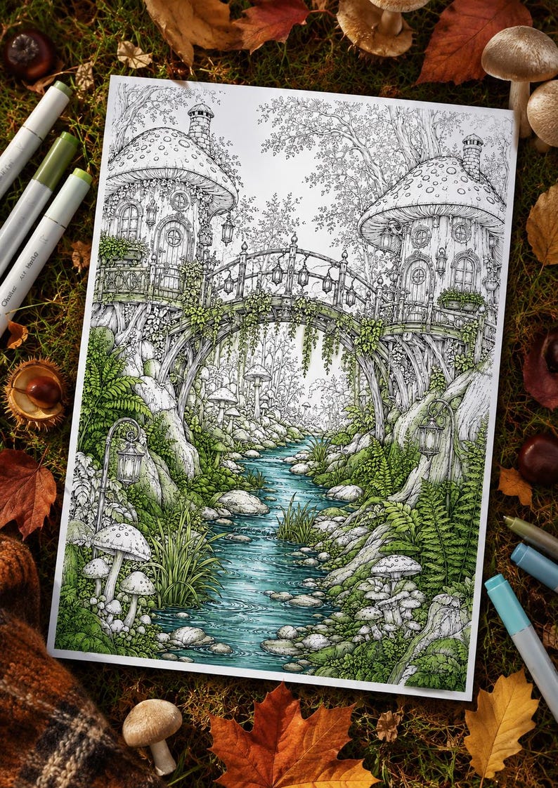 May include: A detailed colouring page illustration featuring two mushroom-shaped houses connected by an arched bridge over a flowing stream. The scene includes lush ferns, rocks, hanging lanterns, and forest foliage rendered in shades of green and blue.