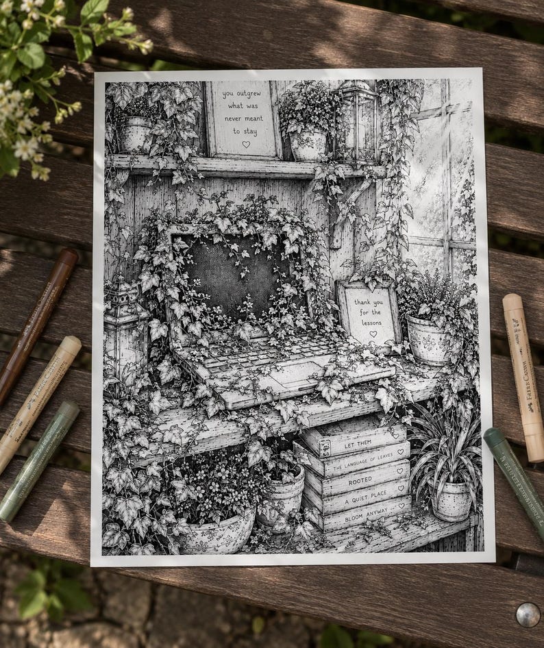 Peut inclure: Une illustration en noir et blanc repr&eacute;sentant un ordinateur portable envahi par du lierre sur une &eacute;tag&egrave;re. Le dessin inclut des plantes en pot, des lanternes et une pile de livres avec le texte "LET THEM", "THE LANGUAGE OF LEAVES", "ROOTED", "A QUIET PLACE" et "BLOOM ANYWAY".