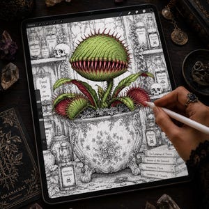 May include: A digital illustration on a tablet screen depicting a large, green, spiky Venus flytrap plant in an ornate, floral-patterned pot. The background features shelves with labeled potion bottles, skulls, and books with the text Feed Me or Leave.