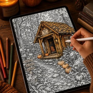 May include: A digital tablet displaying a detailed black and white coloring page of a forest cabin scene with orange accents. The illustration features a wooden cabin with a sign reading WANDER REST RECHARGE, surrounded by pumpkins and trees.