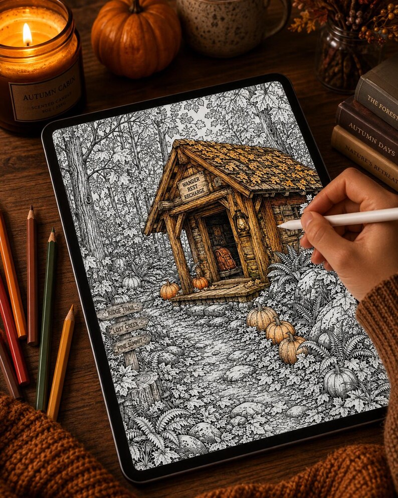 May include: A digital tablet displaying a detailed black and white coloring page of a forest cabin scene with orange accents. The illustration features a wooden cabin with a sign reading WANDER REST RECHARGE, surrounded by pumpkins and trees.
