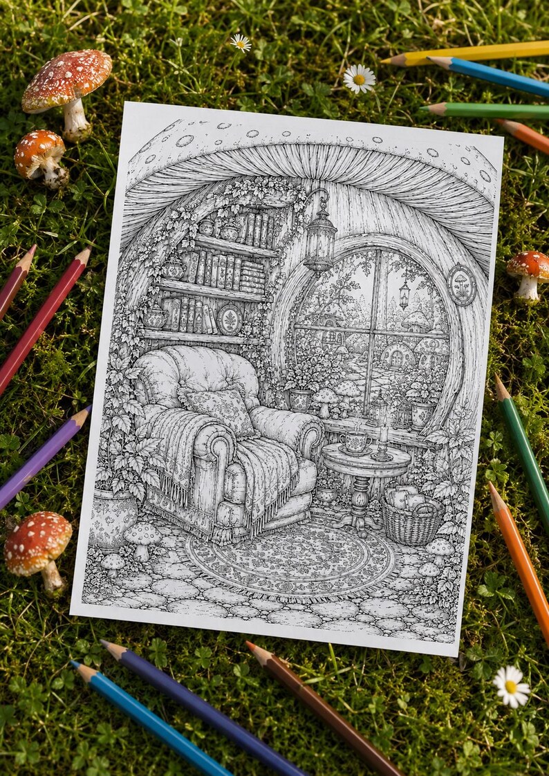 May include: A black and white line art colouring page illustration depicting a cosy interior scene inside a mushroom house. The drawing features an armchair, a small table with a teacup, a bookshelf, and a large circular window looking out.