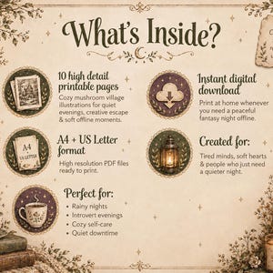 May include: An informational graphic titled What's Inside? detailing a digital download of 10 printable colouring pages featuring mushroom village illustrations. It specifies A4 and US Letter formats, instant digital delivery, and themes of relaxation, quiet evenings, and self-care, presented with decorative botanical borders.