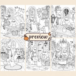 May include: A collection of six black and white line art illustrations featuring ghosts performing daily activities like laundry, reading, baking, listening to music, carving pumpkins, and dining, with the word preview centered in the middle.