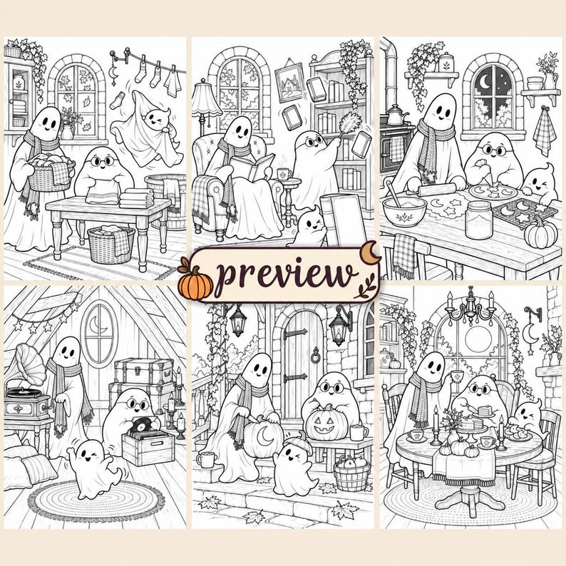 May include: A collection of six black and white line art illustrations featuring ghosts performing daily activities like laundry, reading, baking, listening to music, carving pumpkins, and dining, with the word preview centered in the middle.