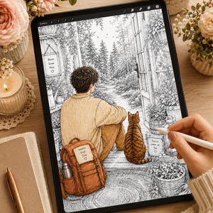 Peut inclure: Une tablette num&eacute;rique affichant une illustration d&eacute;taill&eacute;e en noir et blanc repr&eacute;sentant une personne et un chat assis dans une porte ouverte sur une for&ecirc;t. L'image contient les textes Bloom Grow Heal, breathe trust flow et You've come so far.
