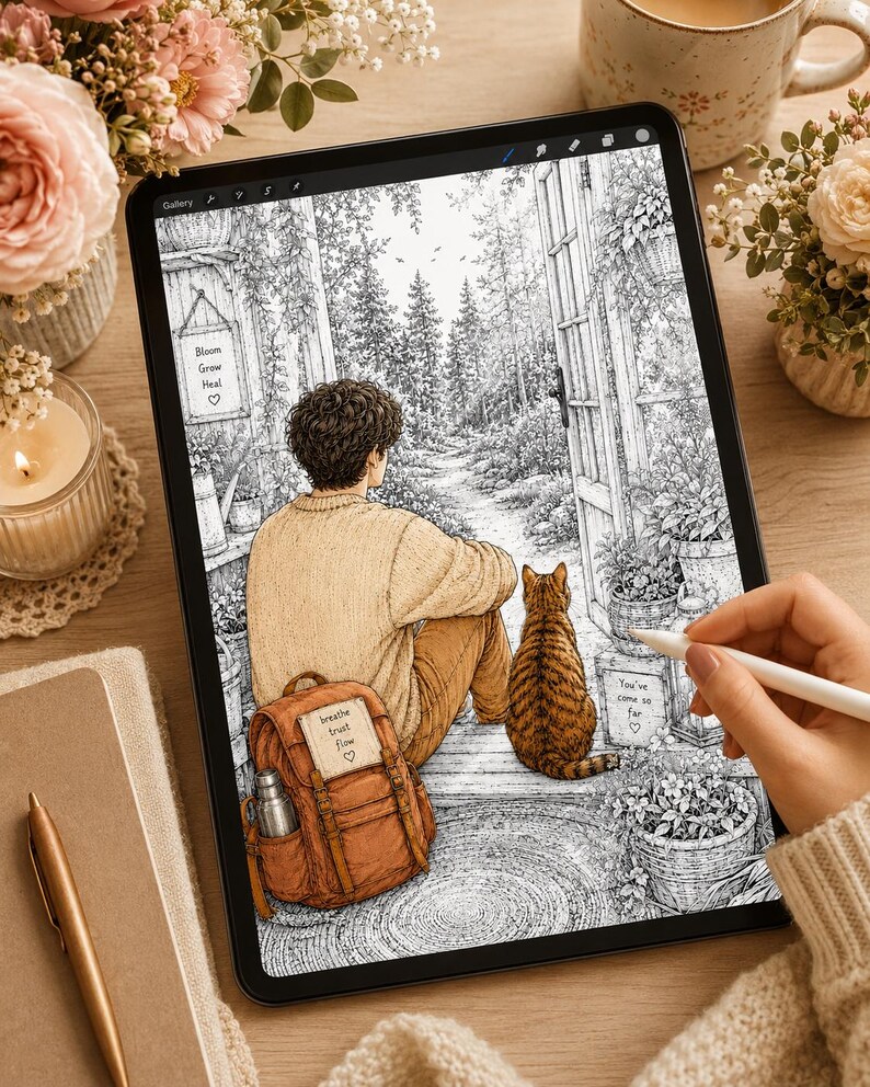 Peut inclure: Une tablette num&eacute;rique affichant une illustration d&eacute;taill&eacute;e en noir et blanc repr&eacute;sentant une personne et un chat assis dans une porte ouverte sur une for&ecirc;t. L'image contient les textes Bloom Grow Heal, breathe trust flow et You've come so far.