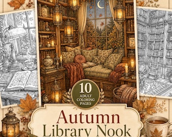 Puede incluir: Una colección de 10 páginas para colorear para adultos titulada Autumn Library Nook, con ilustraciones detalladas de acogedores espacios de lectura con estanterías, linternas, ventanas con árboles de otoño y una taza con una hoja de arce.