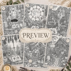 May include: A collection of six black and white line art illustrations labeled A through F, featuring detailed scenes of an apothecary, a cat in a library, a moonlit window, a forest basket of mushrooms, and a cottage, with the word PREVIEW centered.