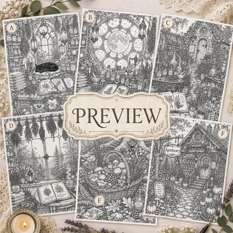 May include: A collection of six black and white line art illustrations labeled A through F, featuring detailed scenes of an apothecary, a cat in a library, a moonlit window, a forest basket of mushrooms, and a cottage, with the word PREVIEW centered.