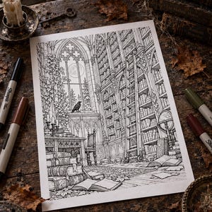 May include: A black and white line art illustration on paper depicting a library interior with tall bookshelves, a rolling ladder, a desk, and a large window featuring a raven and a full moon. The artwork includes the text Some places still remember.