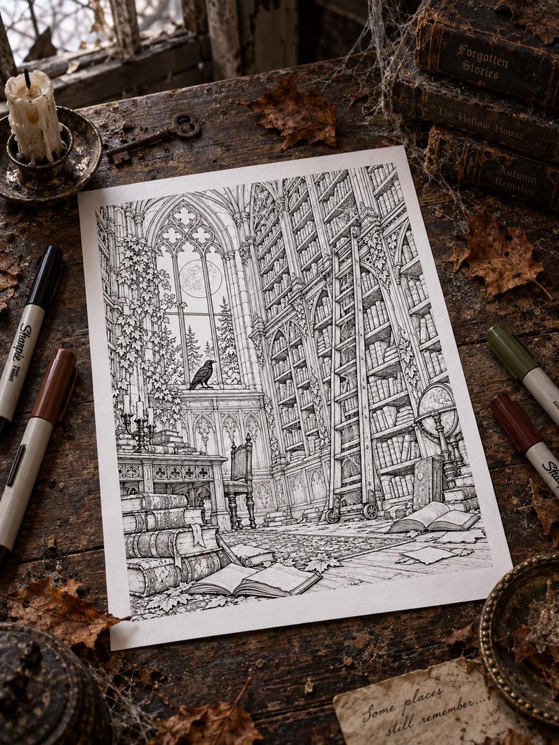 May include: A black and white line art illustration on paper depicting a library interior with tall bookshelves, a rolling ladder, a desk, and a large window featuring a raven and a full moon. The artwork includes the text Some places still remember.