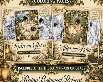 20 Botanical Coloring Pages for Adults, Rainy Day Coloring Book, Cozy Greenhouse Printable Detailed Pages, Digital PDF Bundle