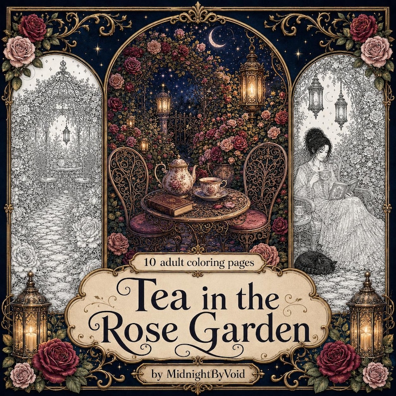 Puede incluir: Una colecci&oacute;n de 10 p&aacute;ginas para colorear para adultos titulada Tea in the Rose Garden de MidnightByVoid. La imagen muestra tres paneles con un jard&iacute;n de rosas, un juego de t&eacute;, una persona leyendo y linternas, enmarcados en bordes dorados.