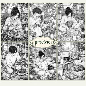 Pu&ograve; includere: Una collezione di sei illustrazioni a tratto in bianco e nero che ritraggono persone in serre e ambienti domestici accoglienti, incluse scene di giardinaggio, lettura e relax con gatti, con la parola preview al centro.