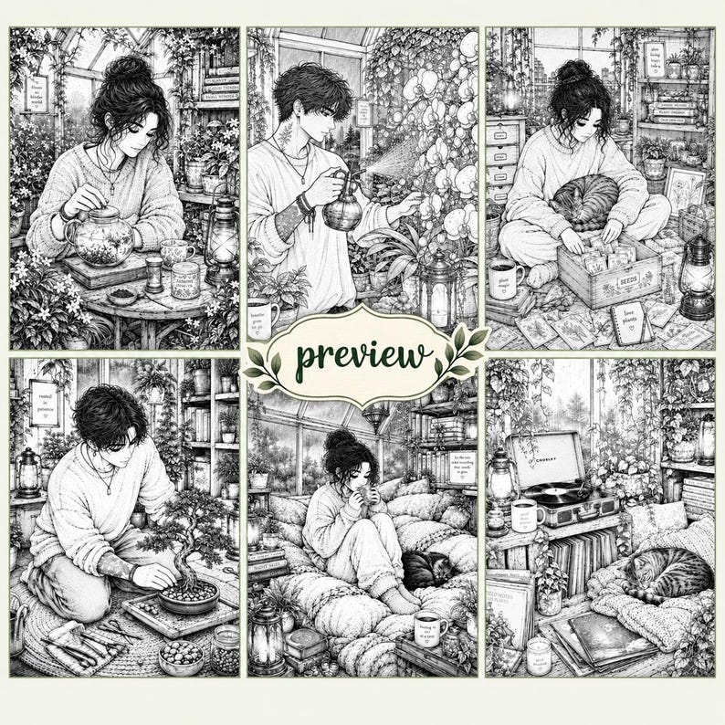 Pu&ograve; includere: Una collezione di sei illustrazioni a tratto in bianco e nero che ritraggono persone in serre e ambienti domestici accoglienti, incluse scene di giardinaggio, lettura e relax con gatti, con la parola preview al centro.