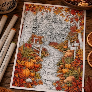 May include: A detailed coloring page illustration featuring a cozy cabin nestled in a forest during autumn. The scene includes a stone path, vibrant orange and red maple leaves, several pumpkins, and tall trees, all rendered with intricate line work.