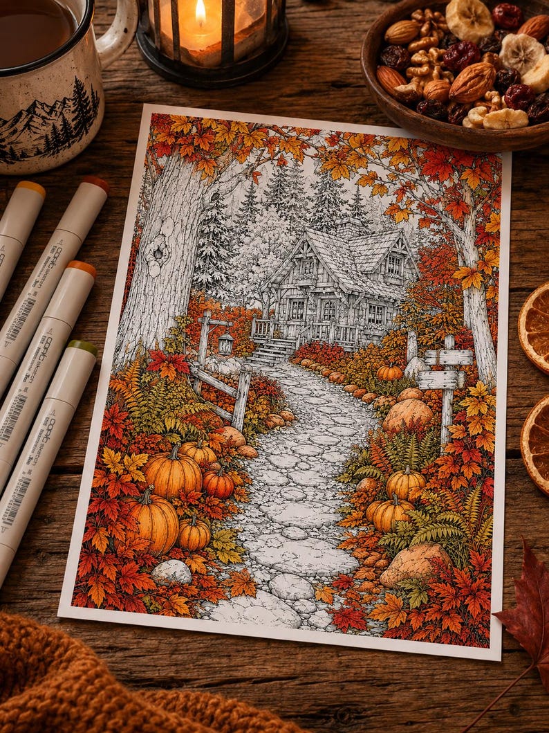 May include: A detailed coloring page illustration featuring a cozy cabin nestled in a forest during autumn. The scene includes a stone path, vibrant orange and red maple leaves, several pumpkins, and tall trees, all rendered with intricate line work.