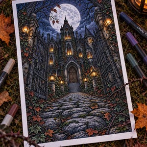 May include: A rectangular art print featuring a detailed illustration of a gothic castle at night under a full moon. The scene includes a stone path, iron gates, glowing lanterns, and autumn leaves. The artwork is surrounded by several colored markers.
