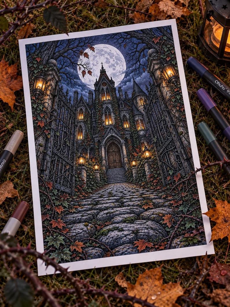 May include: A rectangular art print featuring a detailed illustration of a gothic castle at night under a full moon. The scene includes a stone path, iron gates, glowing lanterns, and autumn leaves. The artwork is surrounded by several colored markers.
