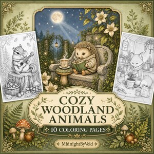 May include: A digital coloring book collection titled Cozy Woodland Animals with 10 coloring pages by MidnightByVoid. The cover features a central illustration of a hedgehog reading on a stone bench, flanked by two black and white line art drawings.