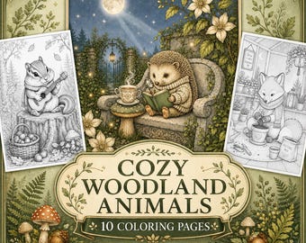 Puede incluir: Una colección de libros para colorear digital titulada Cozy Woodland Animals con 10 páginas para colorear de MidnightByVoid. La portada presenta una ilustración central de un erizo leyendo en un banco de piedra, flanqueada por dos dibujos de líneas en blanco y negro.