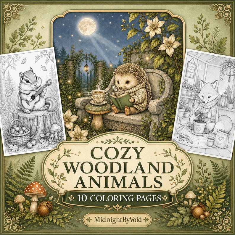 May include: A digital coloring book collection titled Cozy Woodland Animals with 10 coloring pages by MidnightByVoid. The cover features a central illustration of a hedgehog reading on a stone bench, flanked by two black and white line art drawings.