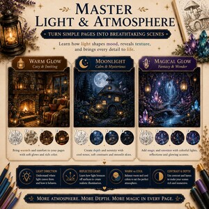Puede incluir: Una gu&iacute;a instructiva titulada Master Light & Atmosphere con tres secciones: Warm Glow, Moonlight y Magical Glow. Incluye ilustraciones de una chimenea, una caba&ntilde;a a la luz de la luna y un bosque de cristales, junto a diagramas sobre t&eacute;cnicas de luz.