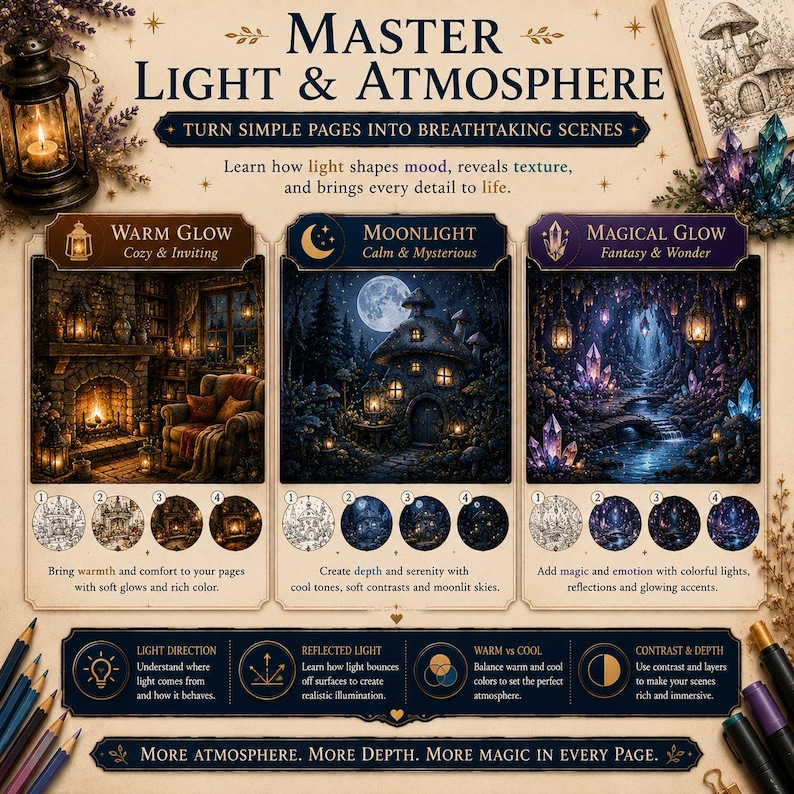 Puede incluir: Una gu&iacute;a instructiva titulada Master Light & Atmosphere con tres secciones: Warm Glow, Moonlight y Magical Glow. Incluye ilustraciones de una chimenea, una caba&ntilde;a a la luz de la luna y un bosque de cristales, junto a diagramas sobre t&eacute;cnicas de luz.