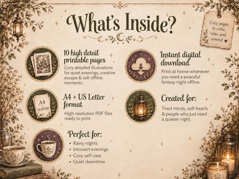 Puede incluir: Un gr&aacute;fico informativo titulado What's Inside? que presenta cinco iconos circulares con ilustraciones de una casa, una nube de descarga, papel A4 y US Letter, un farol y una taza de t&eacute;. El texto detalla 10 p&aacute;ginas imprimibles detalladas.