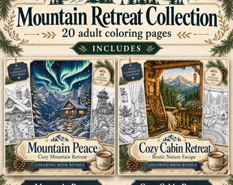20 Mountain Coloring Pages Bundle: Cozy Cabin & Nature Scenes | Printable Adult Coloring Pages PDF