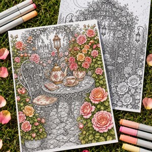Puede incluir: Dos p&aacute;ginas para colorear con una escena de jard&iacute;n detallada que muestra una mesa de hierro forjado, una silla y un juego de t&eacute; rodeados de rosales. Una p&aacute;gina est&aacute; coloreada en tonos rosa, naranja y verde, y la otra es un dibujo en blanco y negro.
