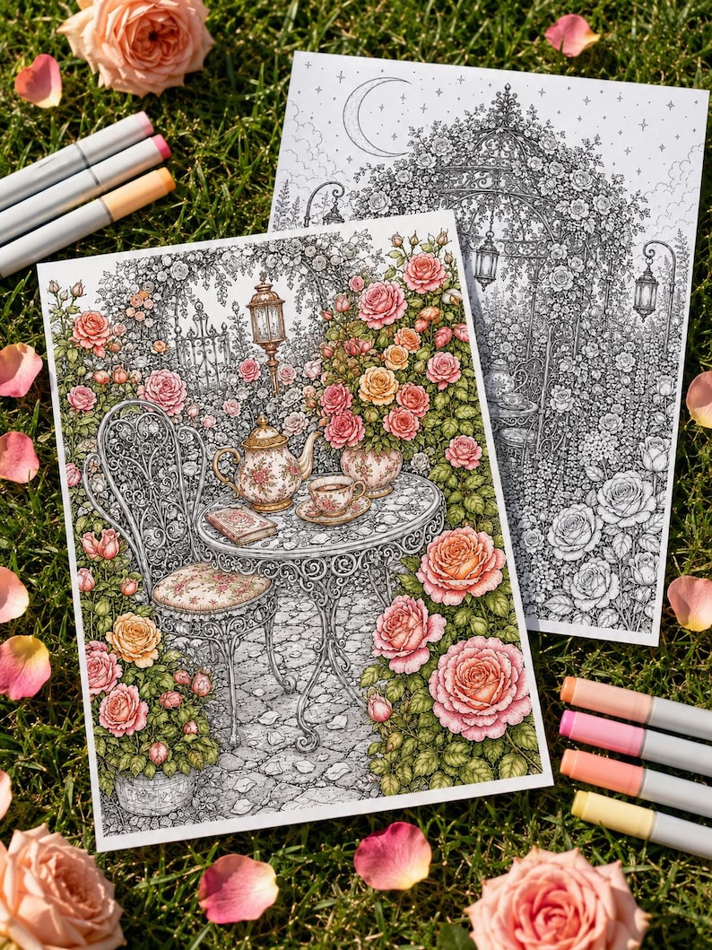 Puede incluir: Dos p&aacute;ginas para colorear con una escena de jard&iacute;n detallada que muestra una mesa de hierro forjado, una silla y un juego de t&eacute; rodeados de rosales. Una p&aacute;gina est&aacute; coloreada en tonos rosa, naranja y verde, y la otra es un dibujo en blanco y negro.