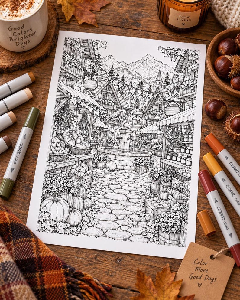 Puede incluir: Una ilustraci&oacute;n en blanco y negro para colorear que muestra una plaza de mercado de un pueblo de estilo europeo con una fuente de piedra central, caminos empedrados, casas de entramado de madera, monta&ntilde;as y puestos con calabazas.