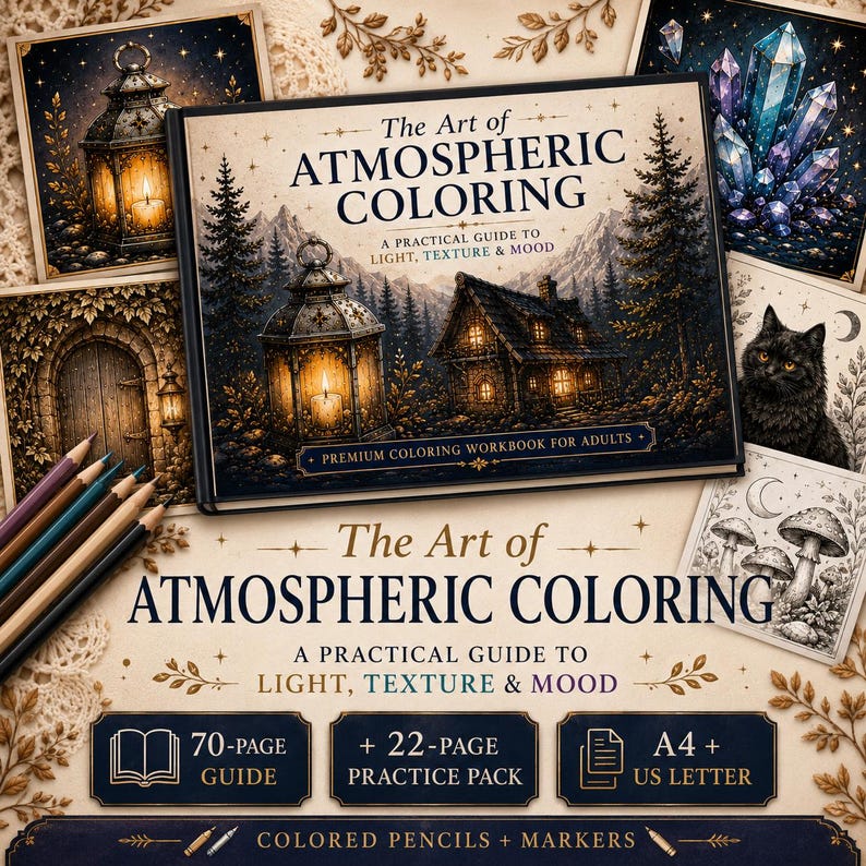 Puede incluir: El libro The Art of ATMOSPHERIC COLORING presenta una portada horizontal con una linterna brillante y una caba&ntilde;a en un bosque. El texto dice: A PRACTICAL GUIDE TO LIGHT, TEXTURE & MOOD, PREMIUM COLORING WORKBOOK FOR ADULTS, 70-PAGE GUIDE, 22-PAGE PRACTICE PACK, A4 + US LETTER.